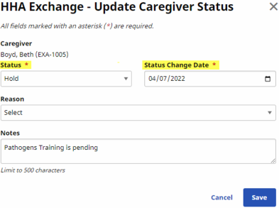 In the Caregiver Status window, users can edit the Status and Status Change Date in the corresponding fields.